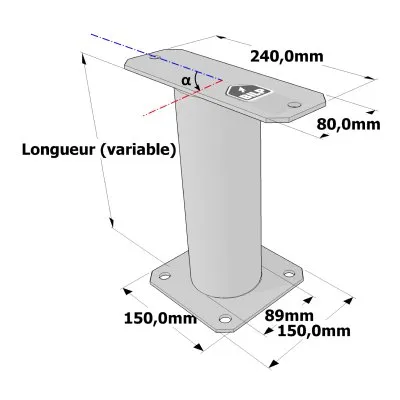 Poteau structurel OSP - D89mm - Platine haute rectangulaire 80x240mm - Embase 150x150mm